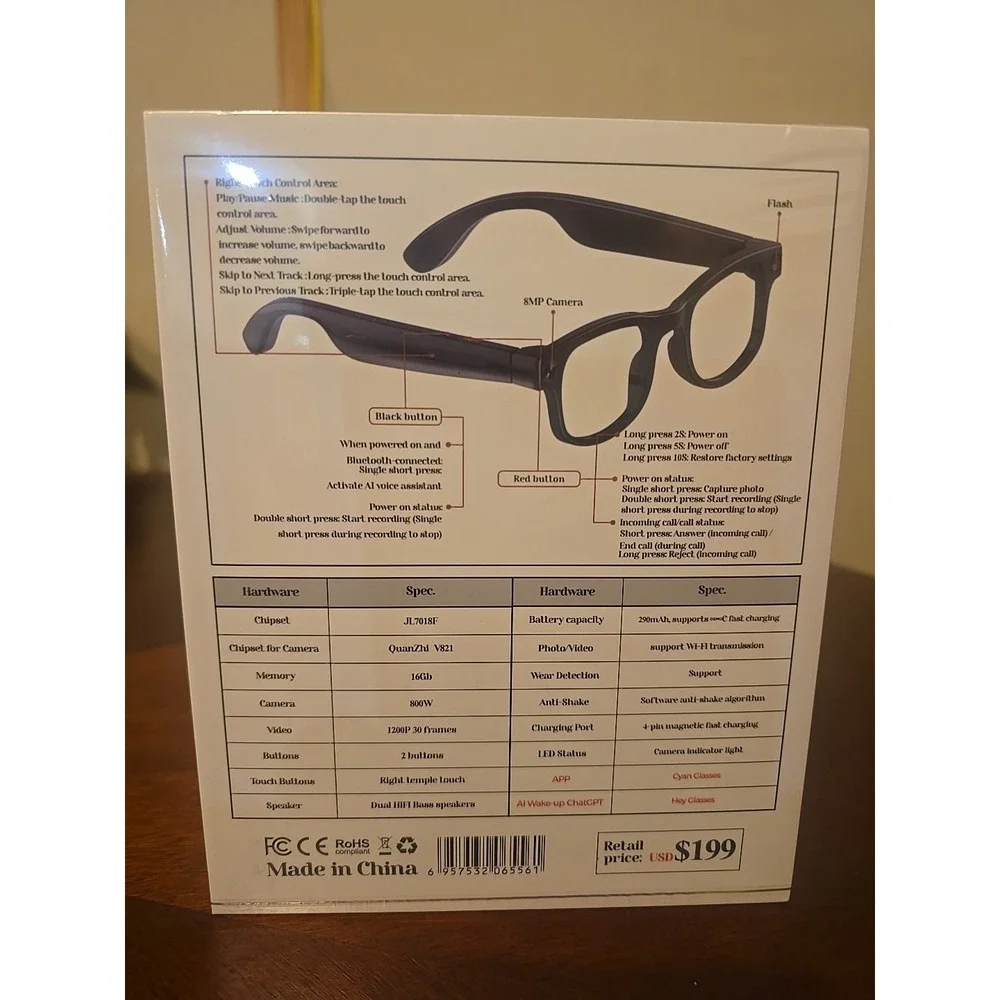 AiMB-G1 Bluetooth Voice‎ Control Smart Glasses W/8MP, 1080p Camera NIB-sealed
